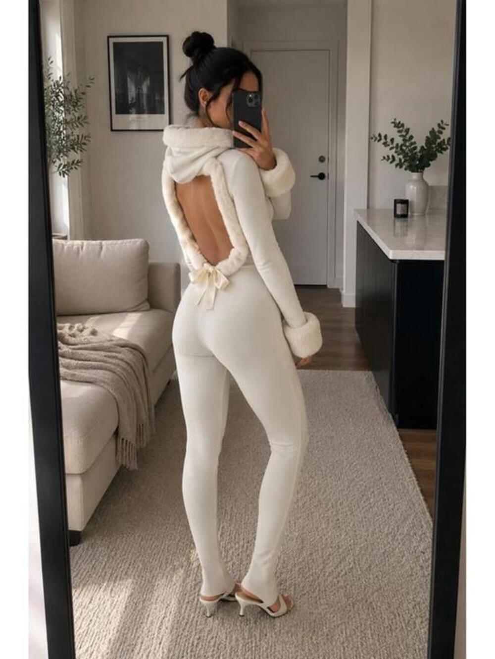 SKIMS Cloud Jumpsuit Ecru Faux Fur Open Back Sz Med NWT
